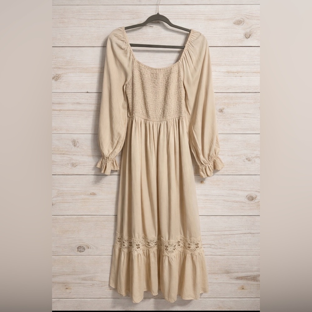 ZESICA Boho Long Sleeve Square Neck Smocked Maxi Dress ~Apricot~Size 4/6 ~ NWOT - Picture 3 of 16